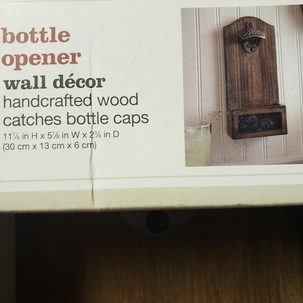 Bottle Opener, mounted on wood w/basket for caps